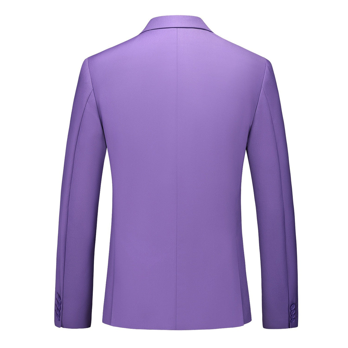 Men's purple three-piece suit, including a blazer, vest, and trousers, displayed on a mannequin with a white shirt and