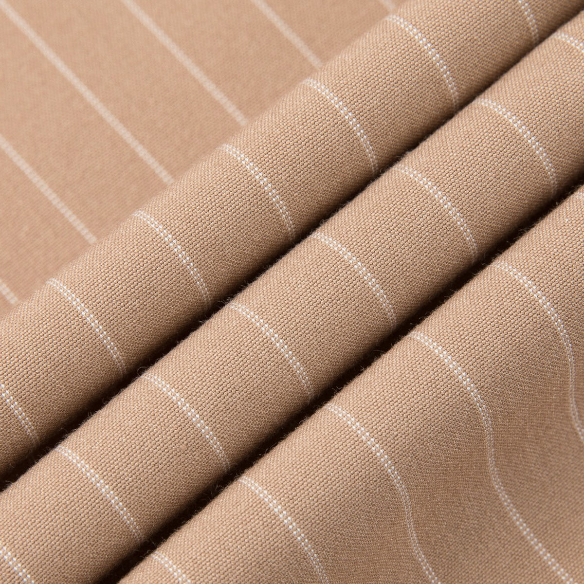 Men's beige pinstripe three-piece suit with a single-breasted jacket, double-breasted vest, and matching trousers, styled