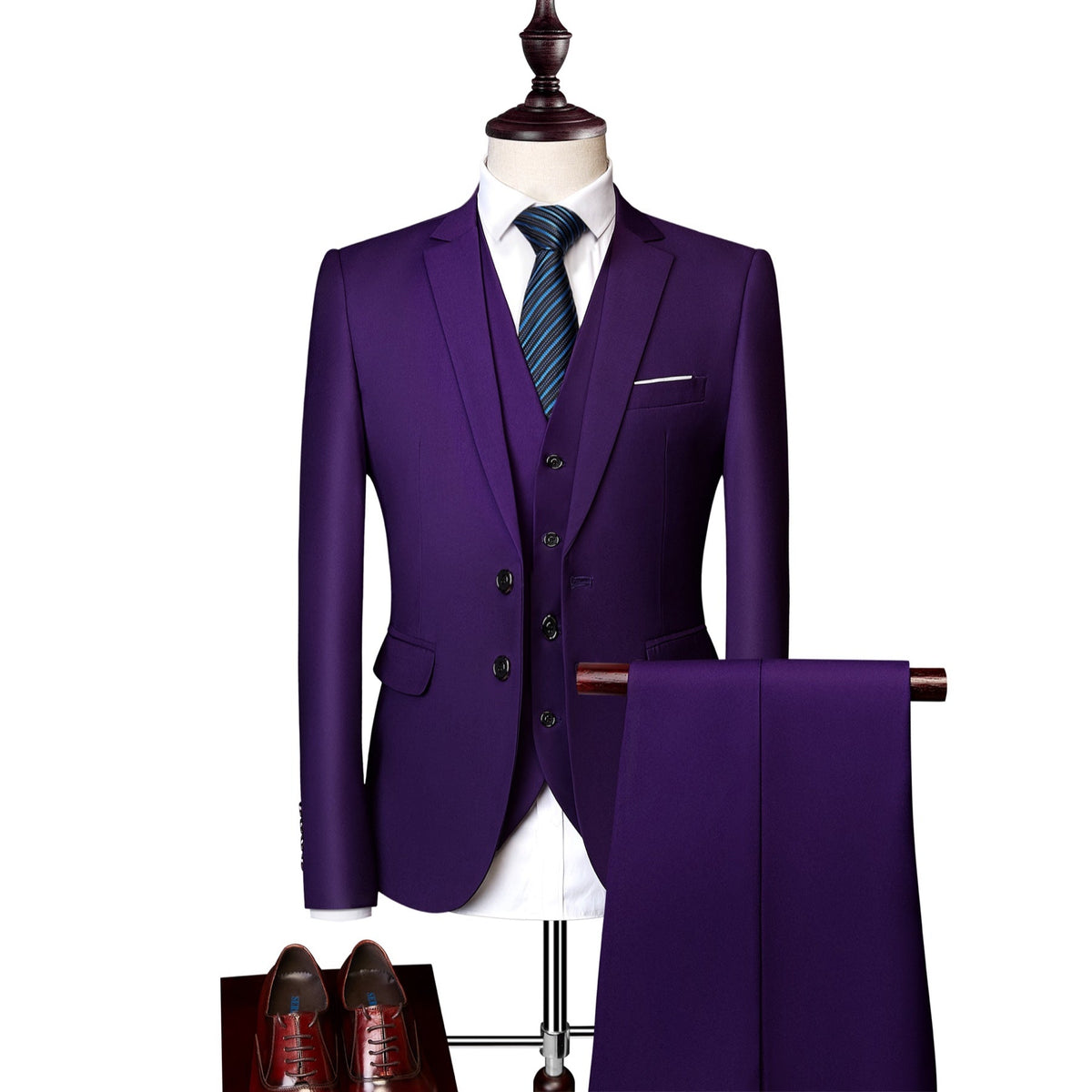 Men's slim fit 3 piece suit in various colors, featuring a jacket, vest, and trousers, styled with a white shirt, tie, and