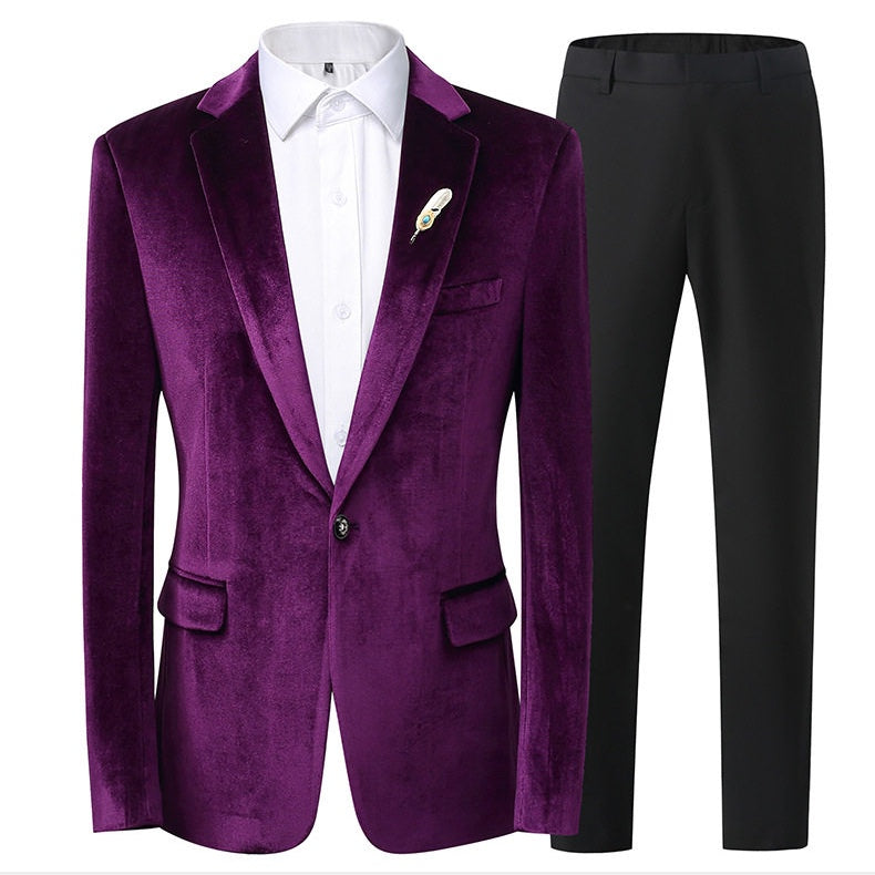 A collection of men's velvet suits in blue, red, gold, purple, and green, each featuring a one-button blazer with a feather