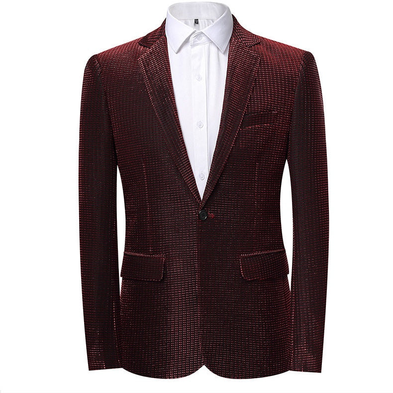 Front view of a Suitmine men's slim fit navy textured blazer with a shimmering grid pattern, paired with a white shirt.