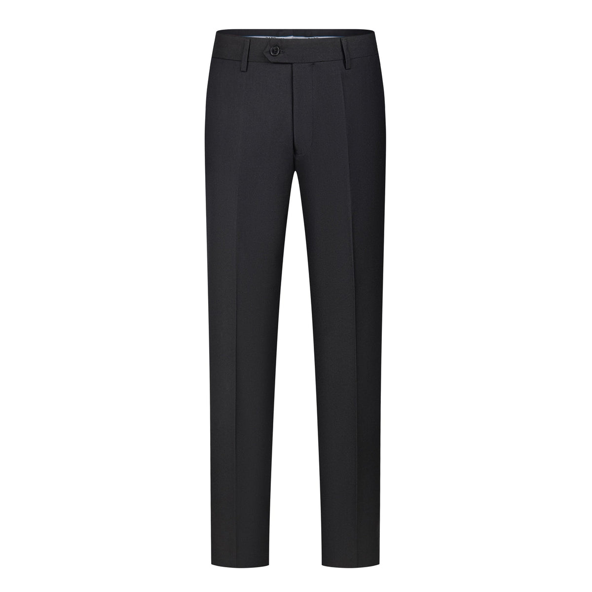 Full view of a Suitmine Men's Black Slim Fit 3-Piece Suit on a mannequin, featuring a blazer, vest, and trousers, accented