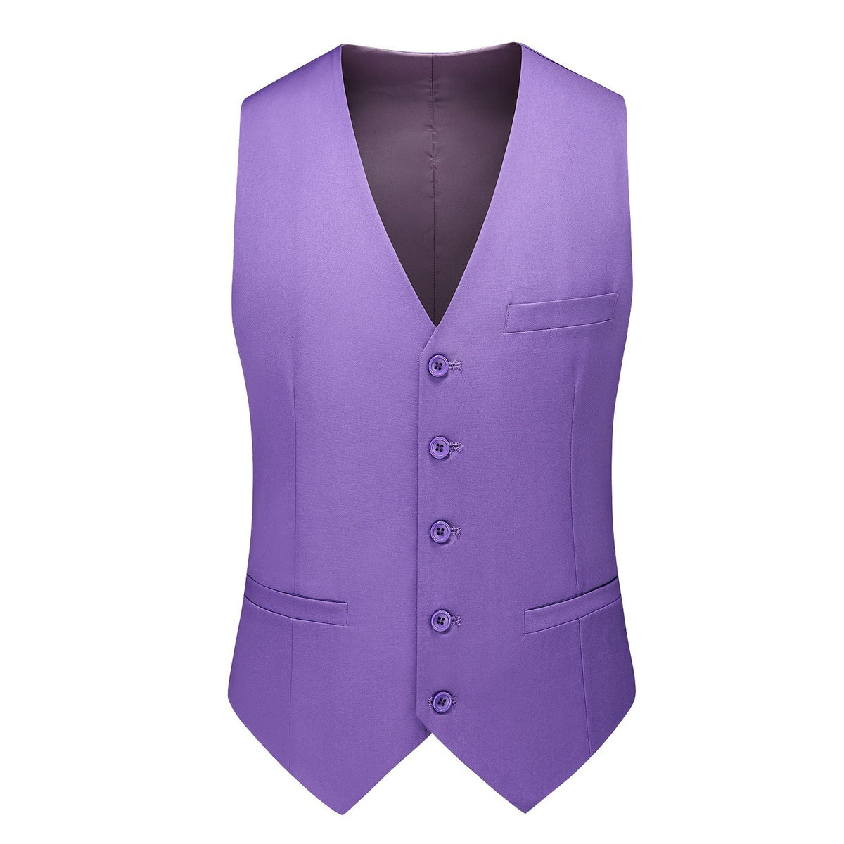 Men's purple three-piece suit, including a blazer, vest, and trousers, displayed on a mannequin with a white shirt and
