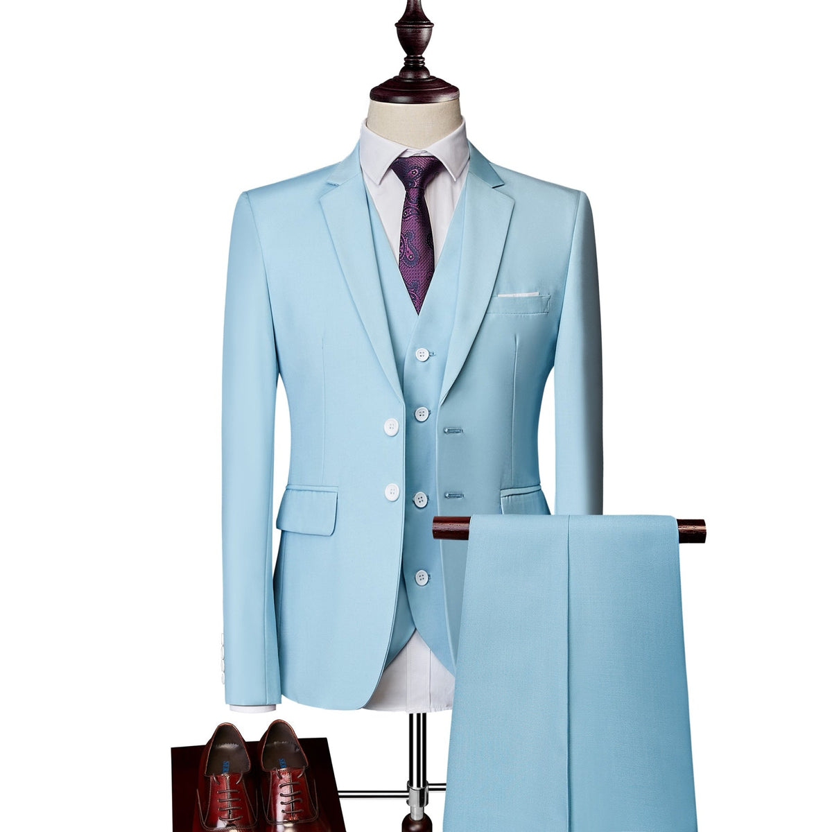 Men's slim fit 3 piece suit in various colors, featuring a jacket, vest, and trousers, styled with a white shirt, tie, and