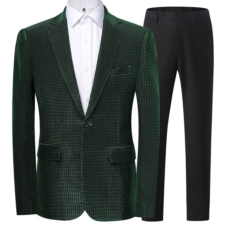 Front view of a Suitmine men's slim fit navy textured blazer with a shimmering grid pattern, paired with a white shirt.