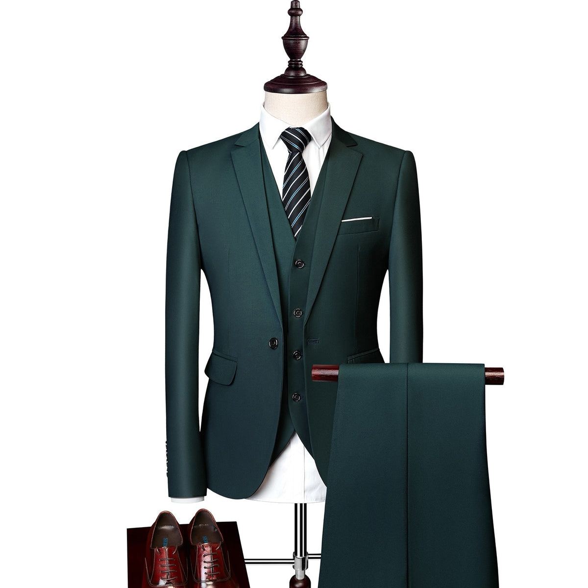 A collection of men's slim fit 3 piece suits in various colors, including blue, pink, white, red, and more, displayed on