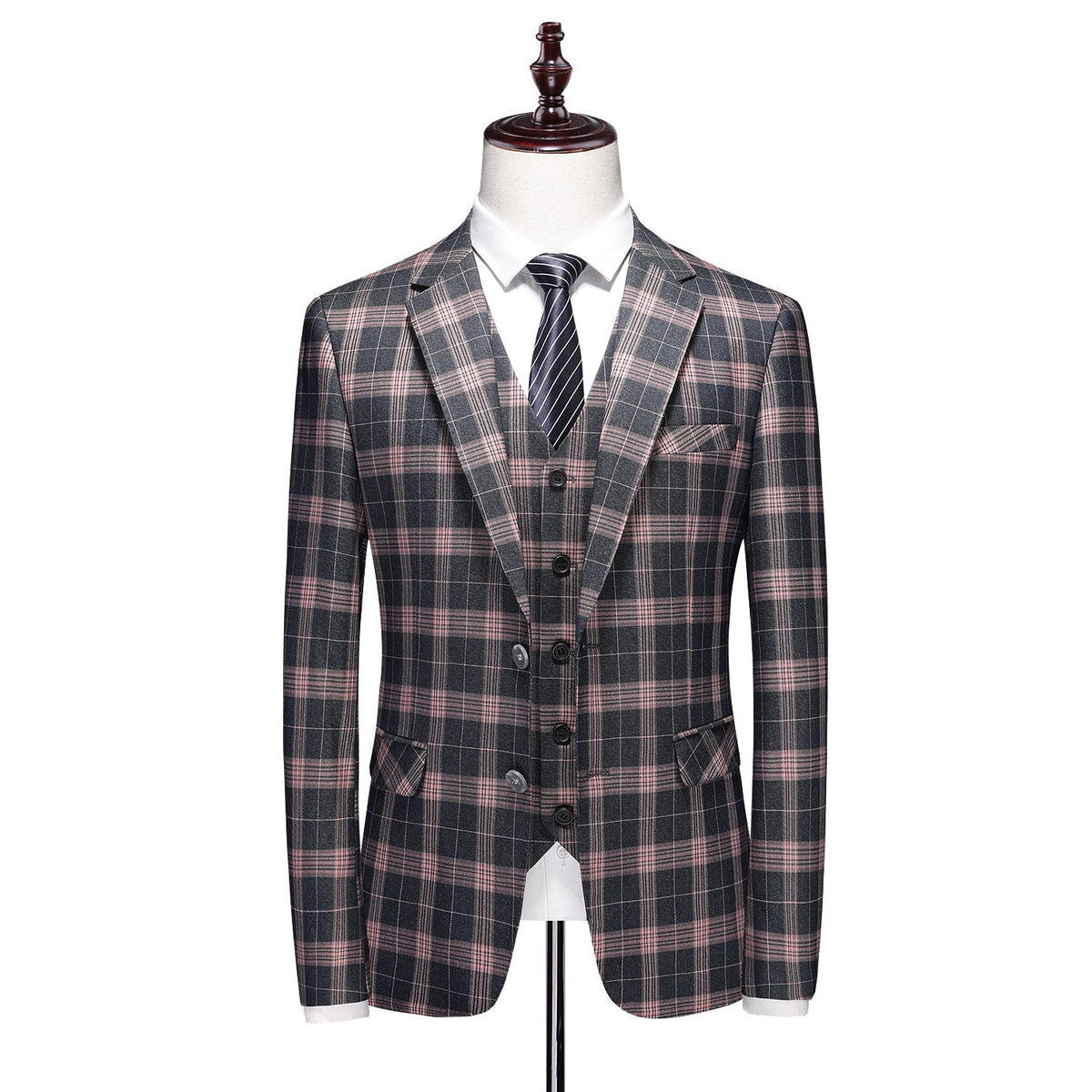Front view of a men's dark gray and pink plaid three-piece suit, including blazer, vest, and trousers.