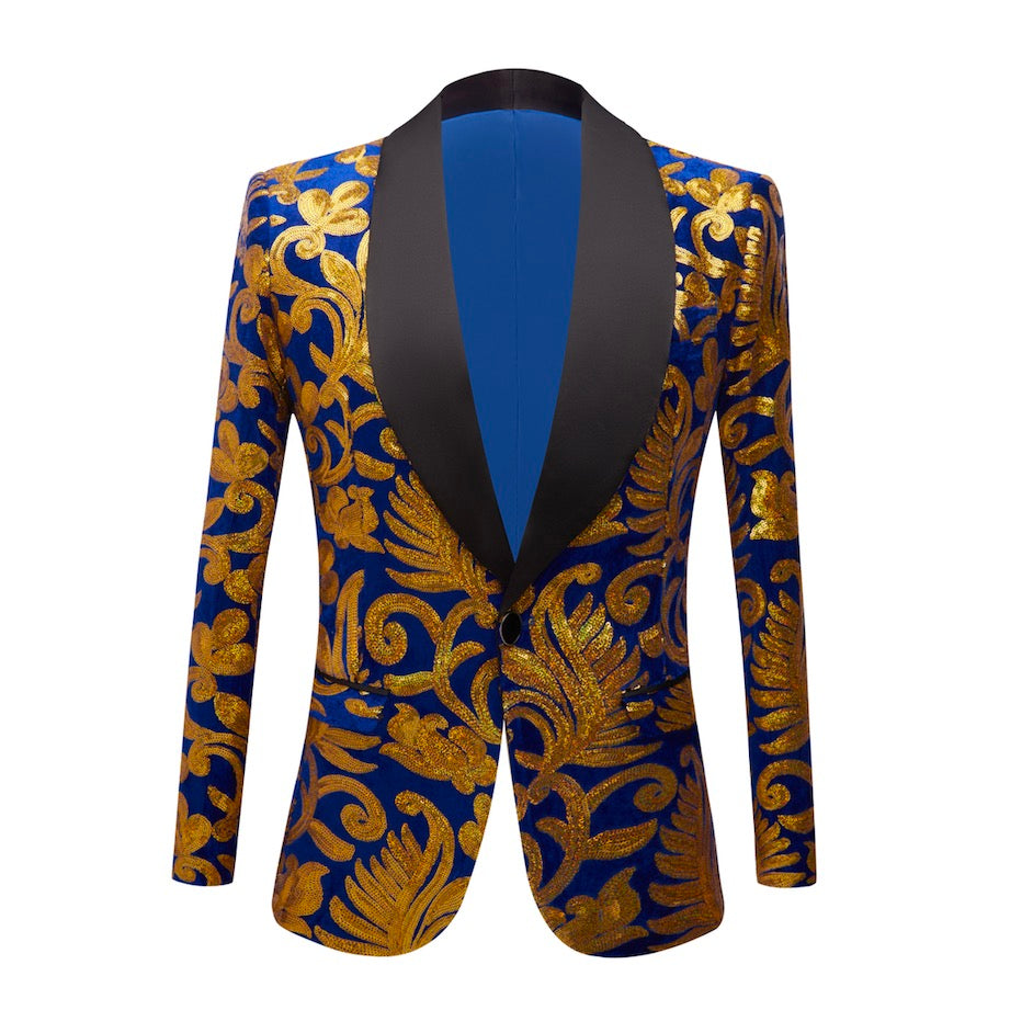 Floral Royal Blue & Gold Sequin Tuxedo M8054